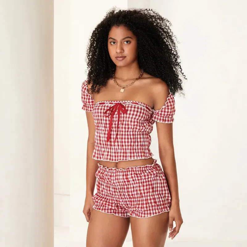 2 Piece Clothes Sets Plaid Square Neck Short Sleeve Tops and Shorts