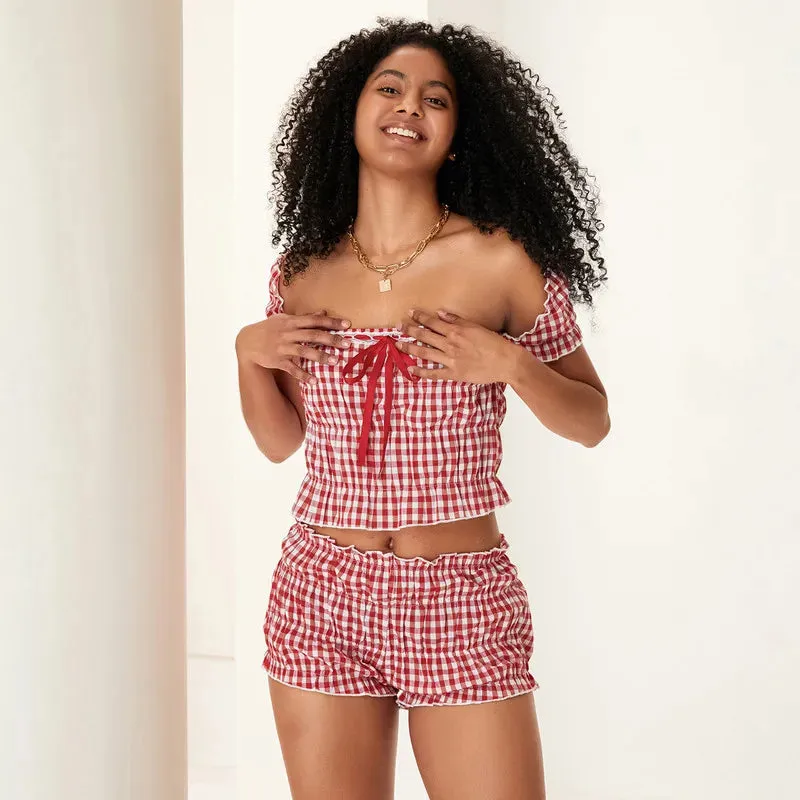 2 Piece Clothes Sets Plaid Square Neck Short Sleeve Tops and Shorts