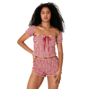 2 Piece Clothes Sets Plaid Square Neck Short Sleeve Tops and Shorts