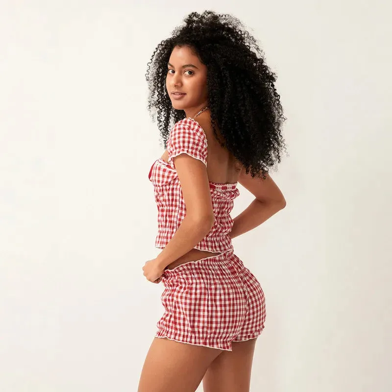 2 Piece Clothes Sets Plaid Square Neck Short Sleeve Tops and Shorts