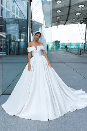 2019 White Satin Wedding Dress with Off-the-shoulder