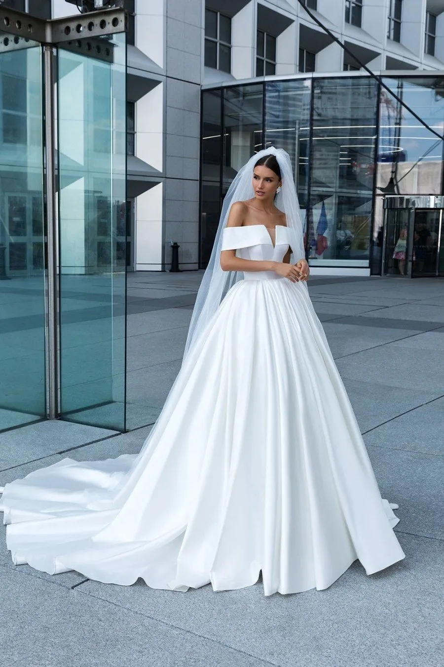 2019 White Satin Wedding Dress with Off-the-shoulder