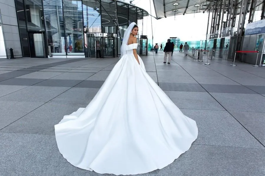 2019 White Satin Wedding Dress with Off-the-shoulder