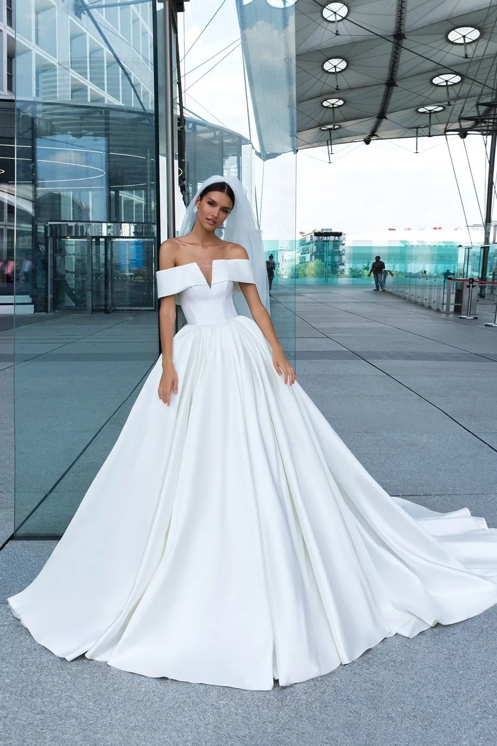 2019 White Satin Wedding Dress with Off-the-shoulder