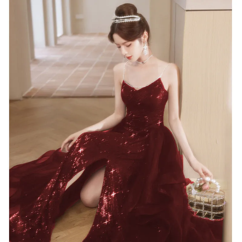 2025 Suspender Toast Bride 2025 New Burgundy Sequins Premium Wedding Dinner Engagement Dress Dress