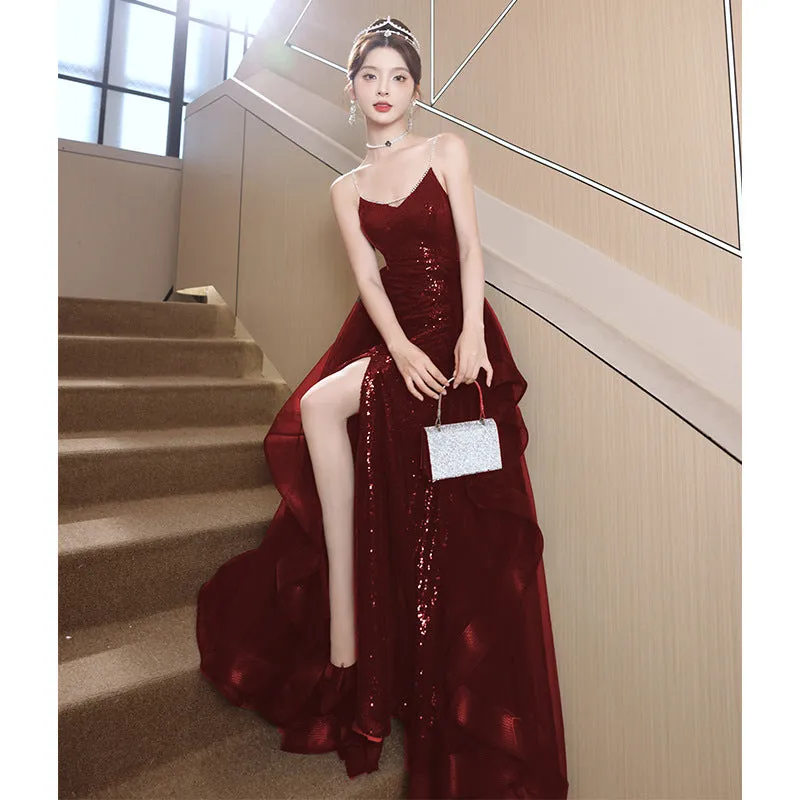 2025 Suspender Toast Bride 2025 New Burgundy Sequins Premium Wedding Dinner Engagement Dress Dress