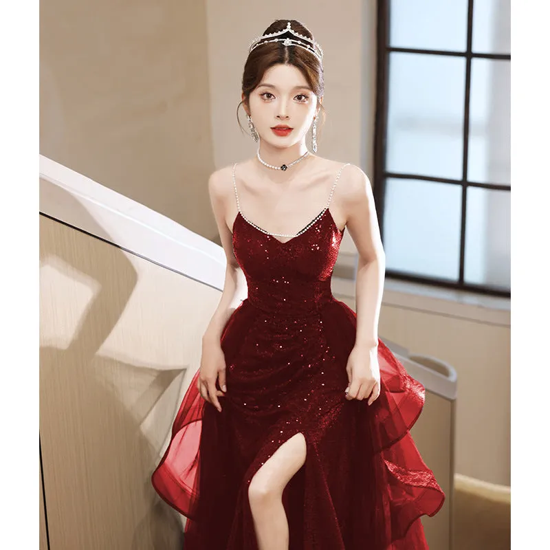 2025 Suspender Toast Bride 2025 New Burgundy Sequins Premium Wedding Dinner Engagement Dress Dress