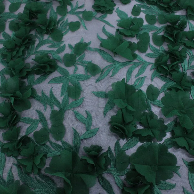 3D Floral Lace Fabric Bottle Green 130 cm
