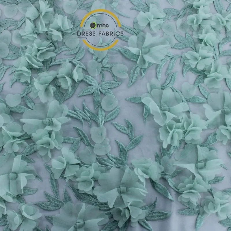 3D Floral Lace Fabric Duck Egg 130 cm