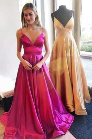 A-line Fuchsia Prom Gown with Spaghetti Straps