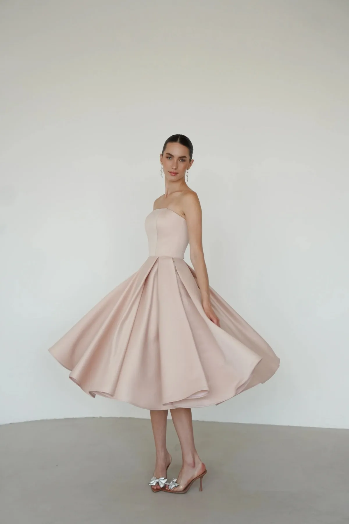 A-line Strapless Tea-Length Prom Dress with Box Pleats