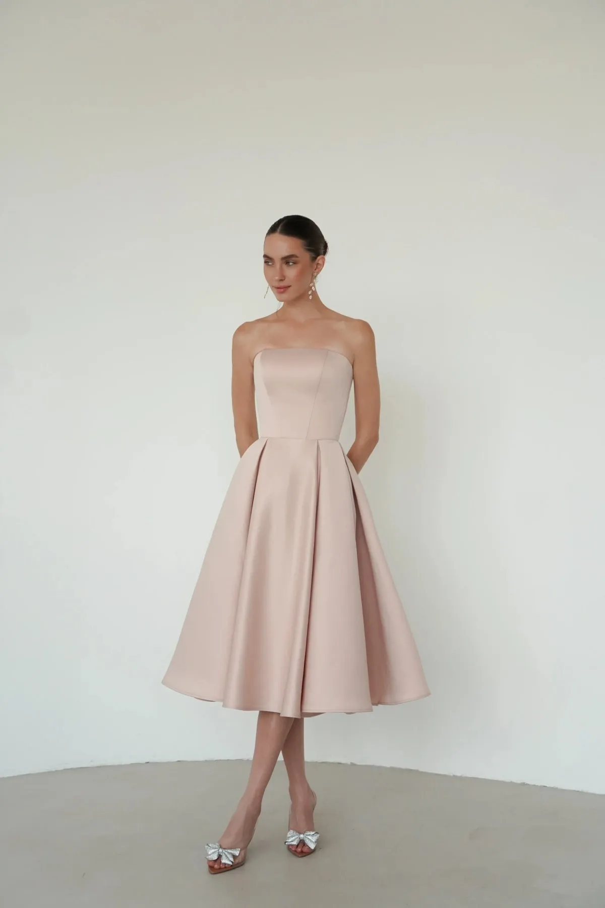 A-line Strapless Tea-Length Prom Dress with Box Pleats