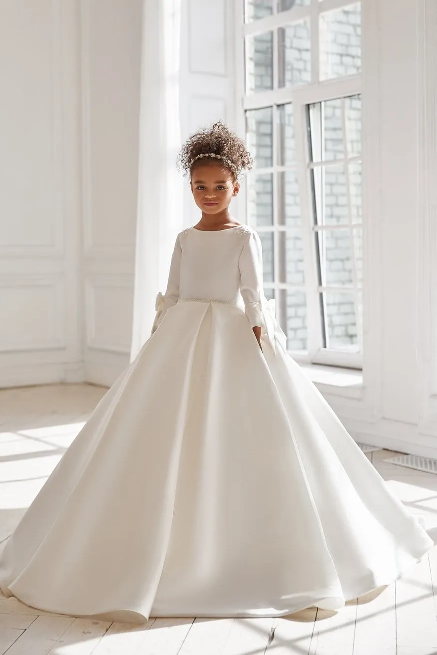 AB043 Satin Communion Dress with Sleeves