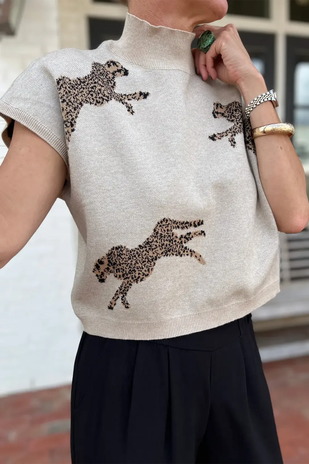 Apricot Lively Cheetah Pattern High Neck Sweater