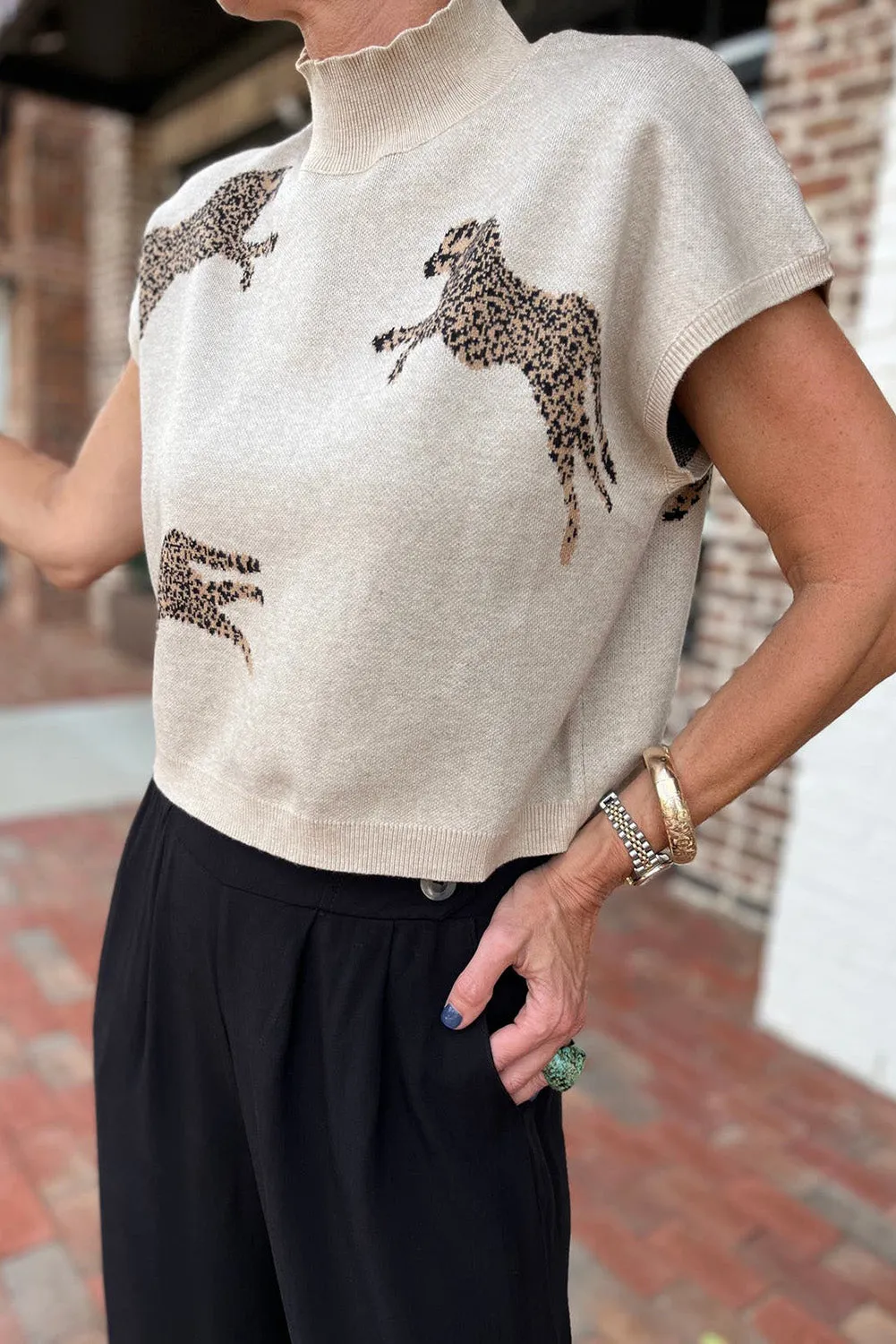 Apricot Lively Cheetah Pattern High Neck Sweater