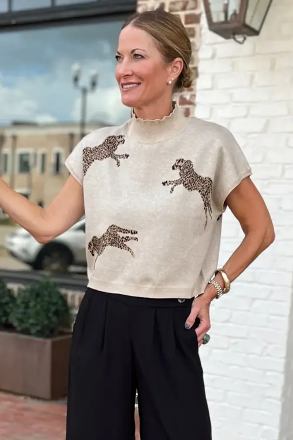 Apricot Lively Cheetah Pattern High Neck Sweater