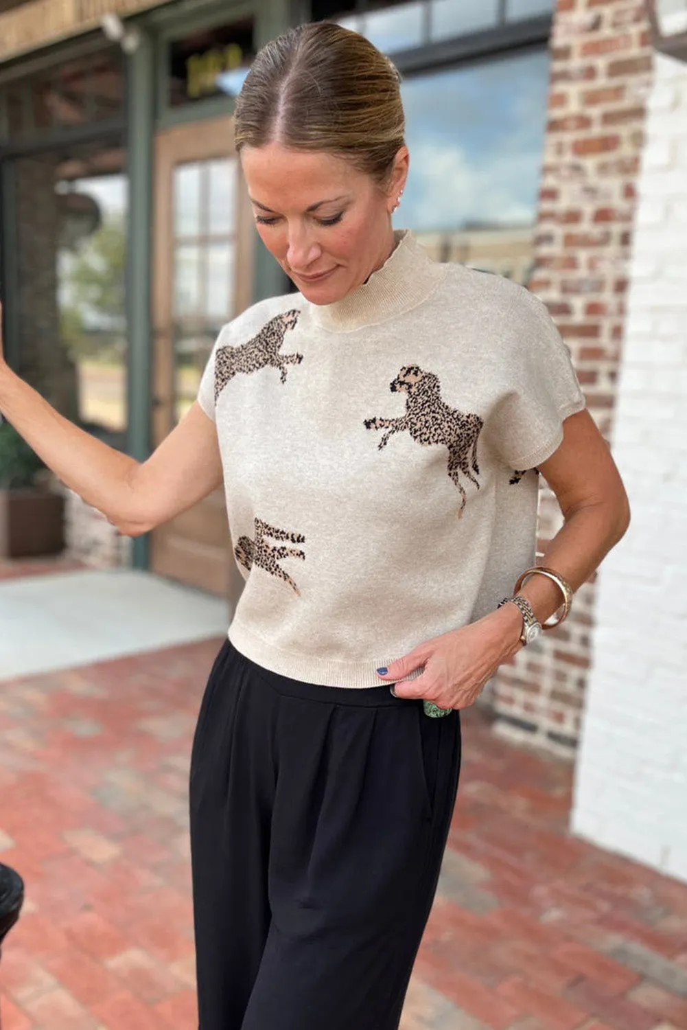 Apricot Lively Cheetah Pattern High Neck Sweater