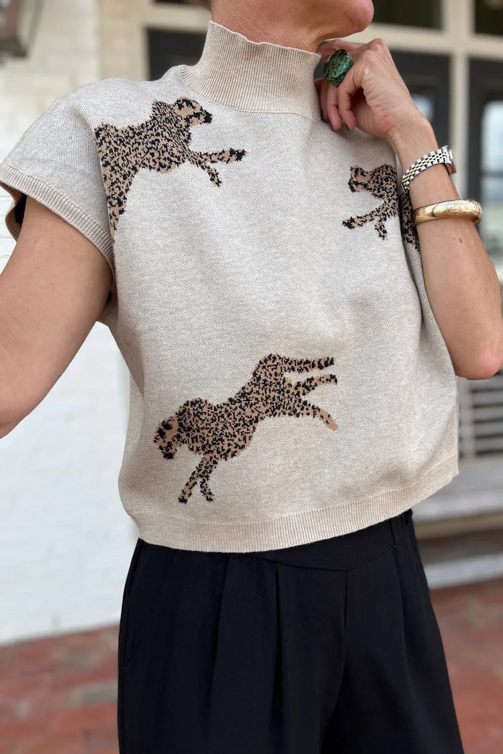 Apricot Lively Cheetah Pattern High Neck Sweater