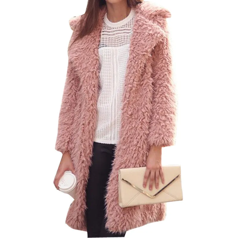 Autumn Winter Women Fur Coat Long Sleeve Cardigan Coat Female Warm Big Size Overcoat Pink Slim Warm Women Outwear Coats