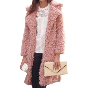 Autumn Winter Women Fur Coat Long Sleeve Cardigan Coat Female Warm Big Size Overcoat Pink Slim Warm Women Outwear Coats