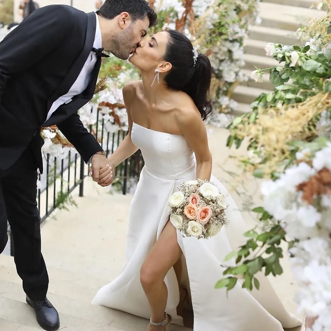 Backless Satin Bride Dress with Ruching Tulle Wrap