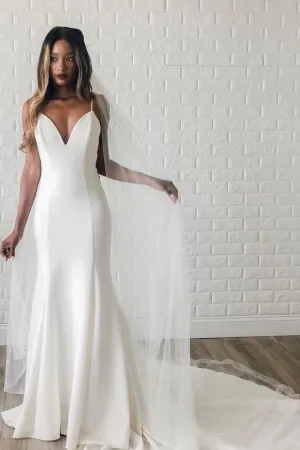 Backless Satin Bride Wedding Gown with Plunging Neck