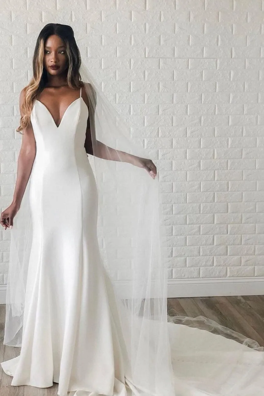 Backless Satin Bride Wedding Gown with Plunging Neck