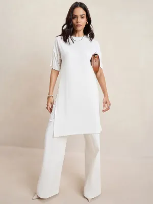 Bamboo White Knit Slit Detail Top