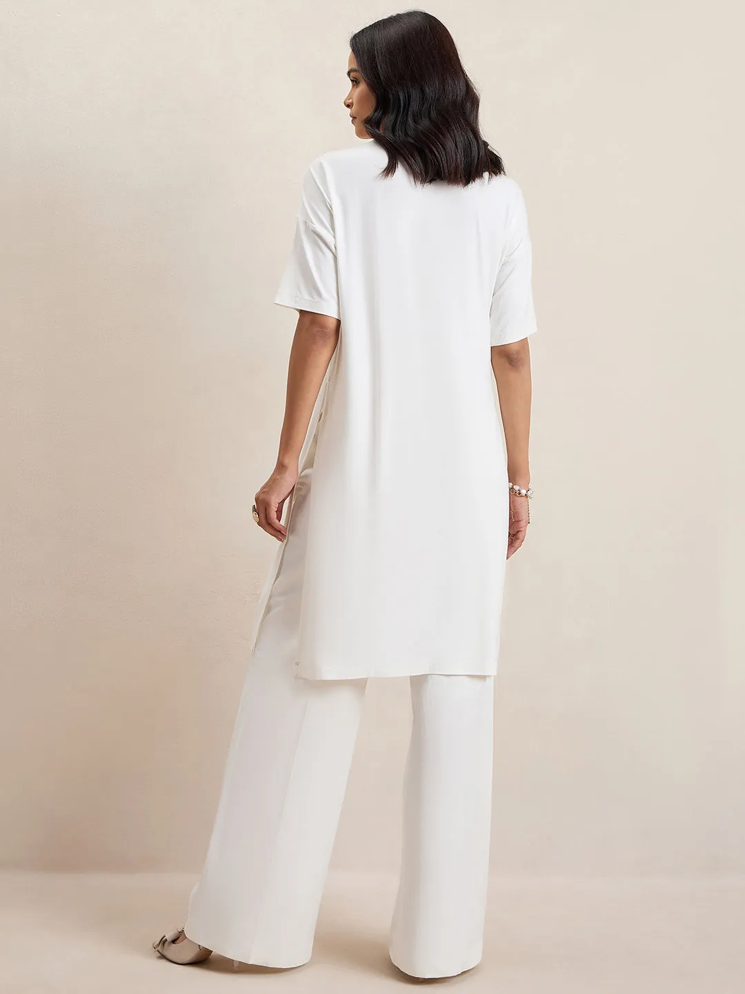 Bamboo White Knit Slit Detail Top