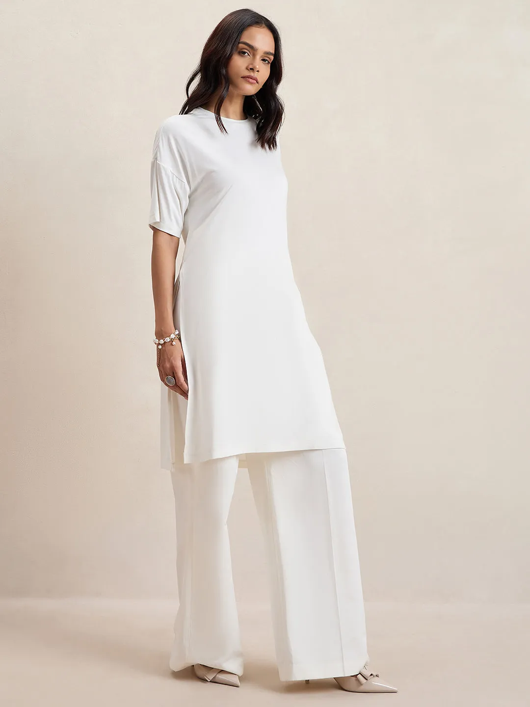 Bamboo White Knit Slit Detail Top