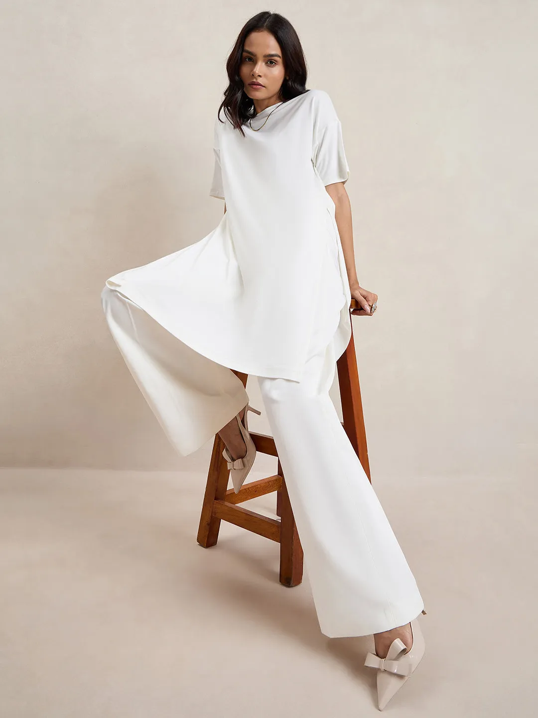 Bamboo White Knit Slit Detail Top