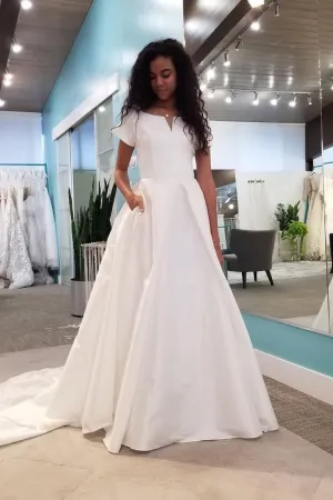 Bateau Satin Modest Wedding Dress with Short Sleeves