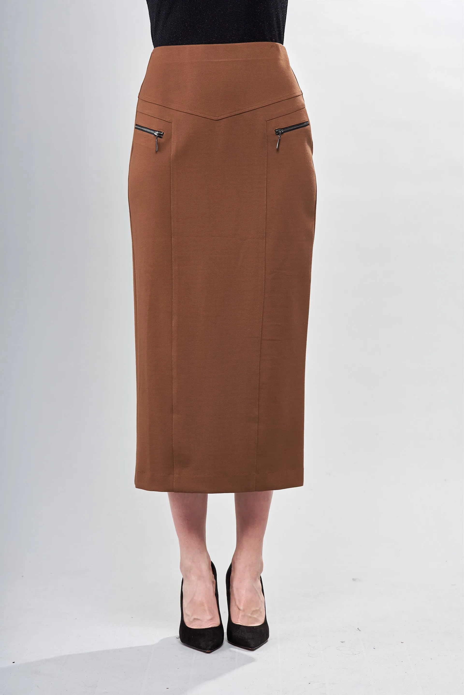 BCS7813F Solid Scuba Slanted Zipper Detail Skirt