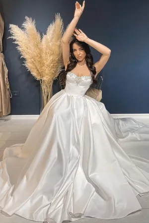 Beads Satin A-line Wedding Gown with Shoulder Straps
