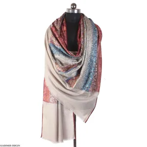 Beige Line Design Patch Work  Sozni Embroidered Cashmere Pashmina Jamawar Shawl