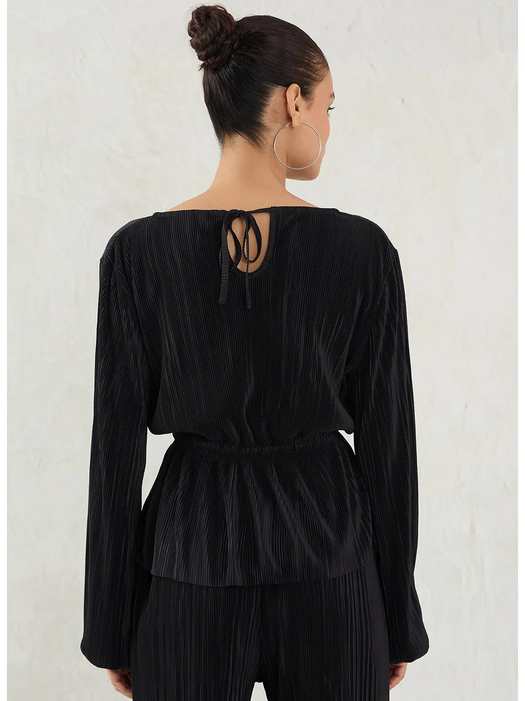 Black Plisse Peplum Top