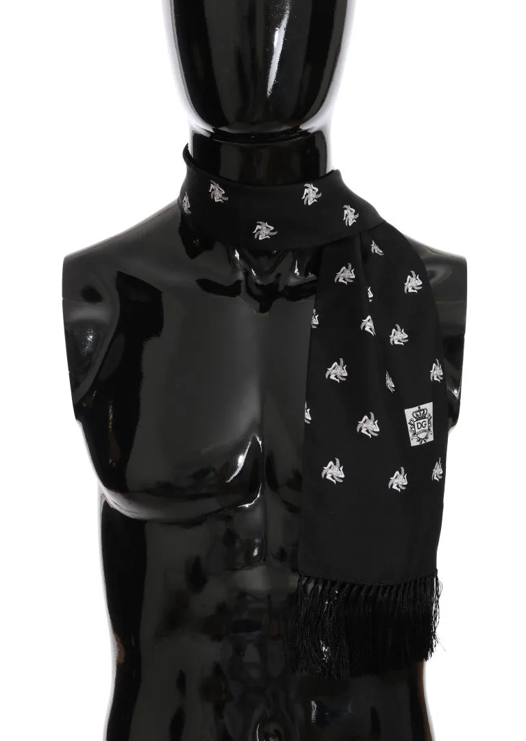 Black Silk Trinacria Print Scarf