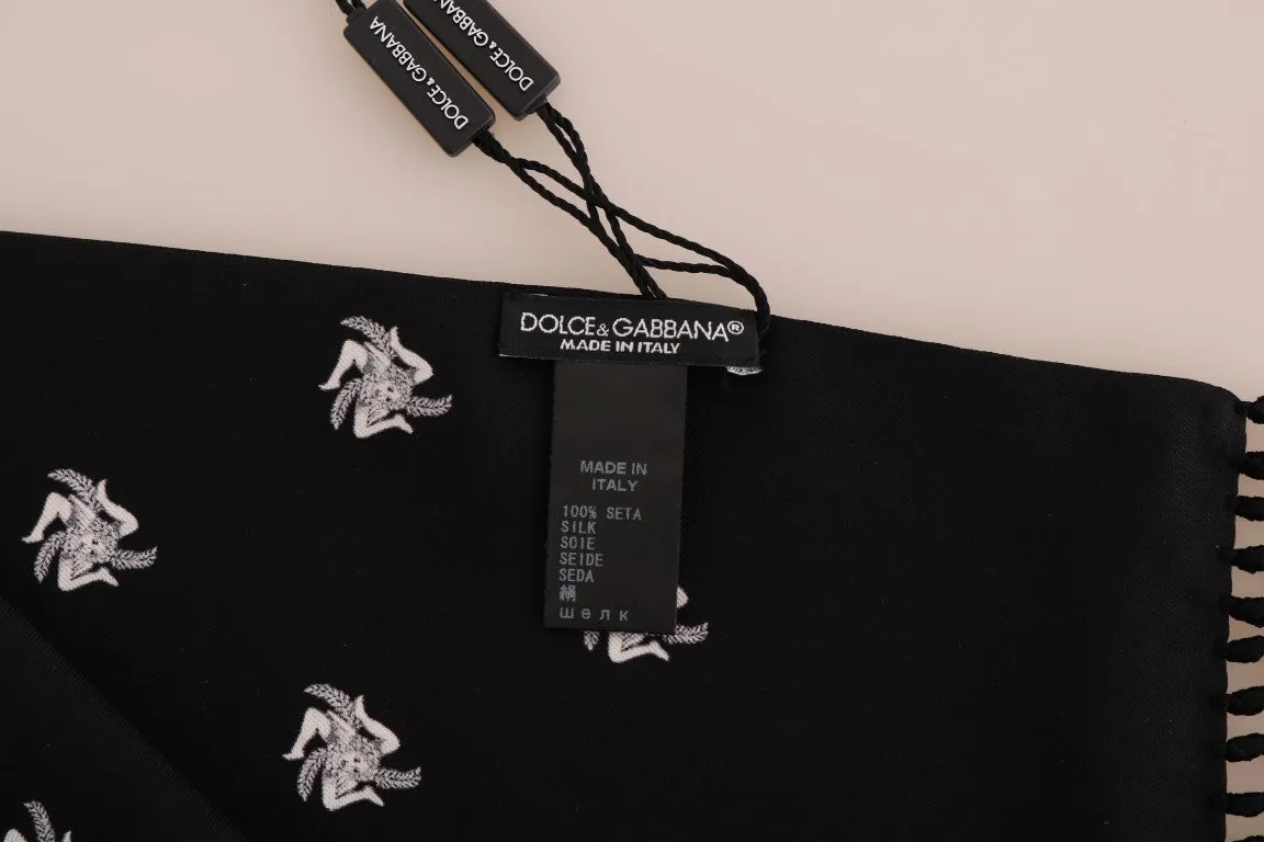 Black Silk Trinacria Print Scarf