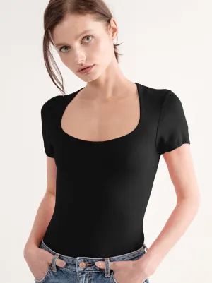 Black Teardrop Neck Short Sleeve Bodysuit