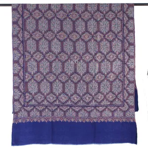 Blue base window design sozni Embroidered Jamawar Pashmina Shawl