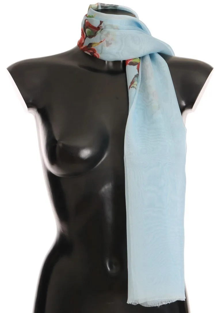 Blue Bird Floral Print Silk Scarf