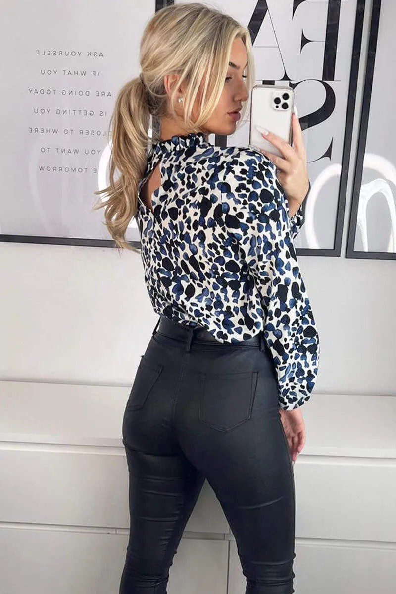 Blue Printed Ruffle High Neck Top
