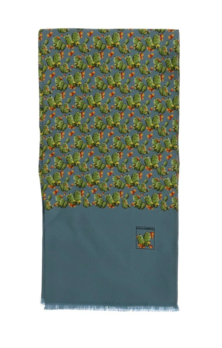 Blue Silk Cactus Print Scarf