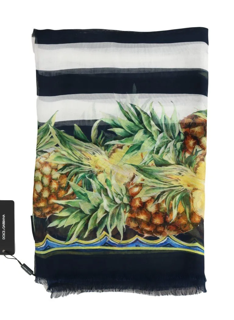 Blue White Silk Pineapple Print Scarf