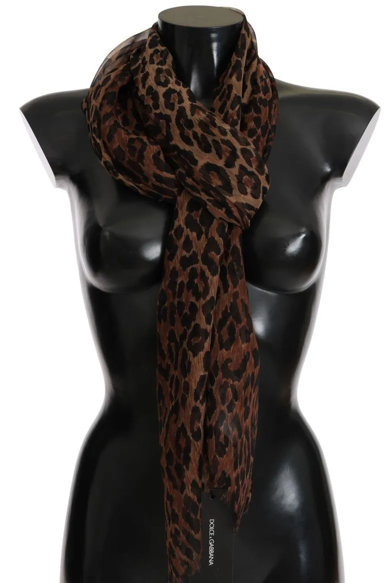 Brown Leopard Silk Print Scarf