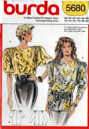 Burda 5680 Womens Big Sleeved Pullover Tops 1980s Vintage Sewing Pattern Sizes 12 - 22 UNCUT Factory Folded