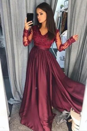 Burgundy Lace Evening Dress with Illusion Long Sleeves