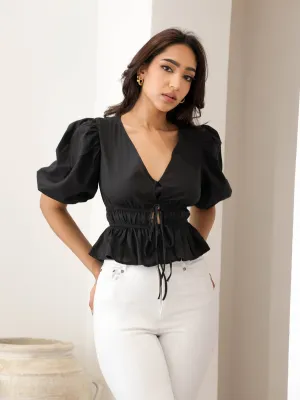 Bustier Detailed Puff Sleeved Peplum Top