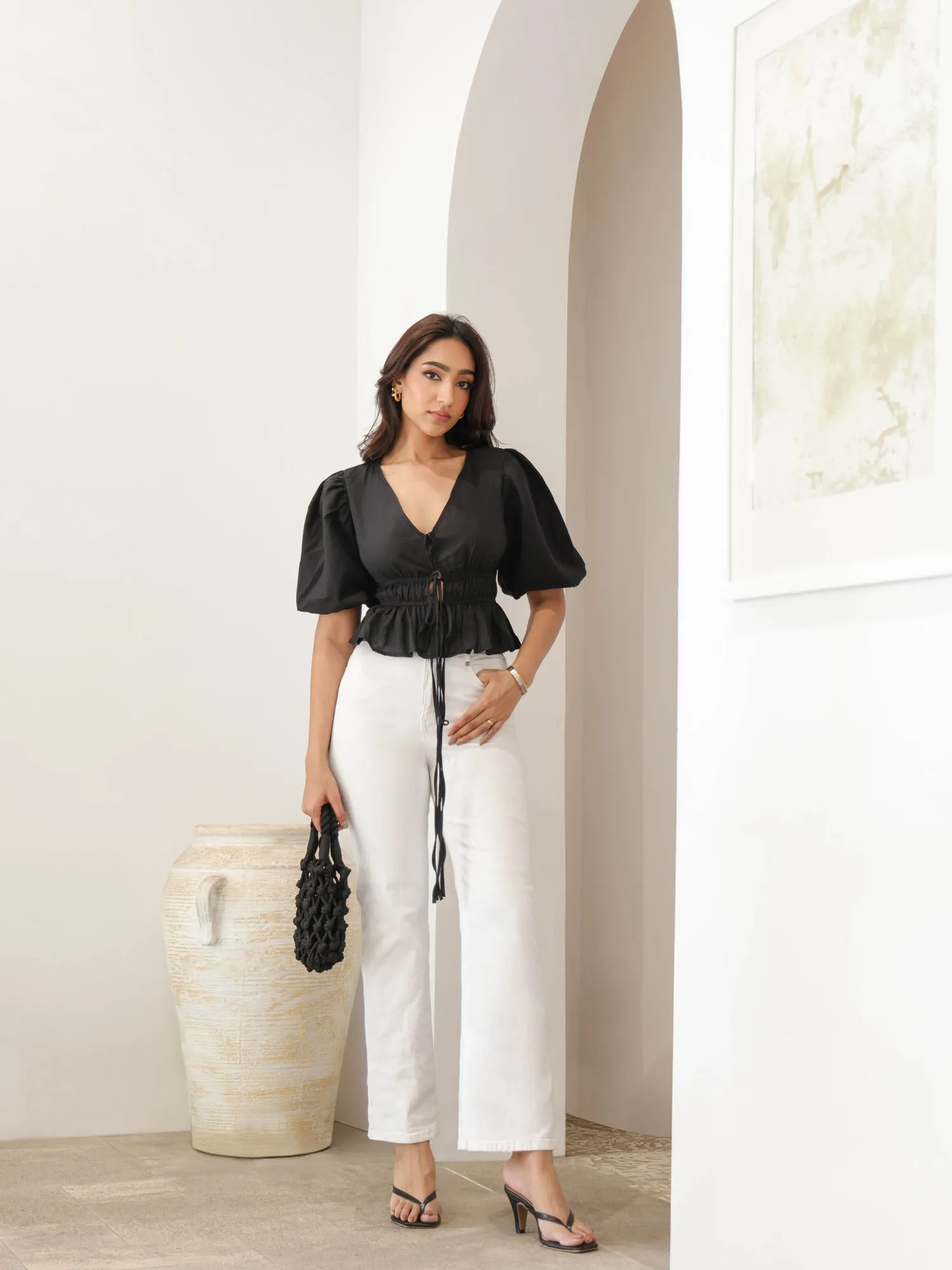 Bustier Detailed Puff Sleeved Peplum Top