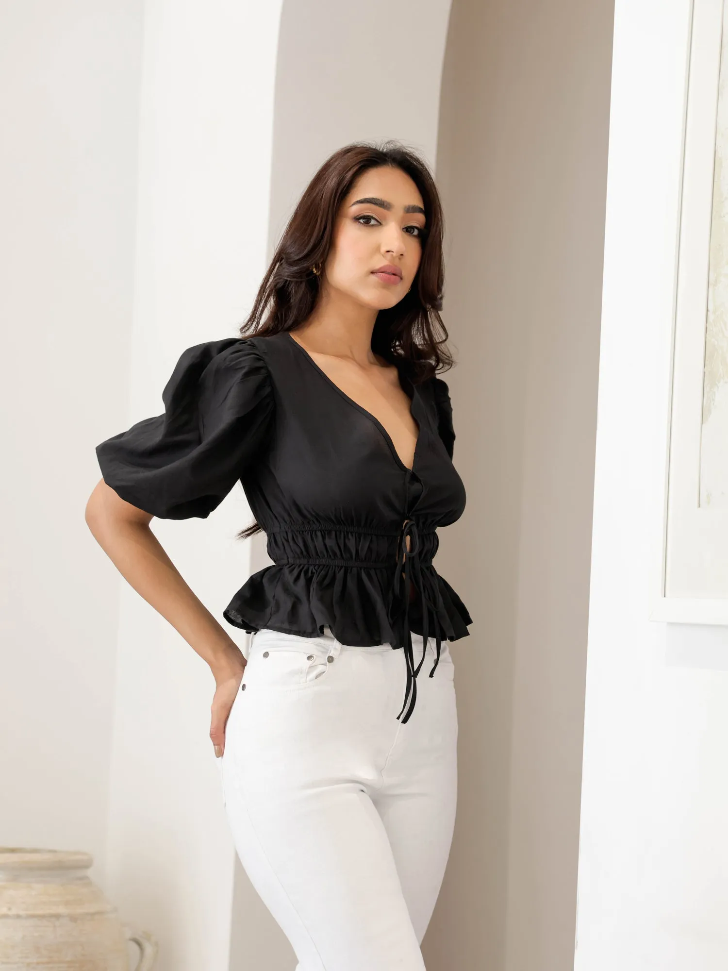 Bustier Detailed Puff Sleeved Peplum Top